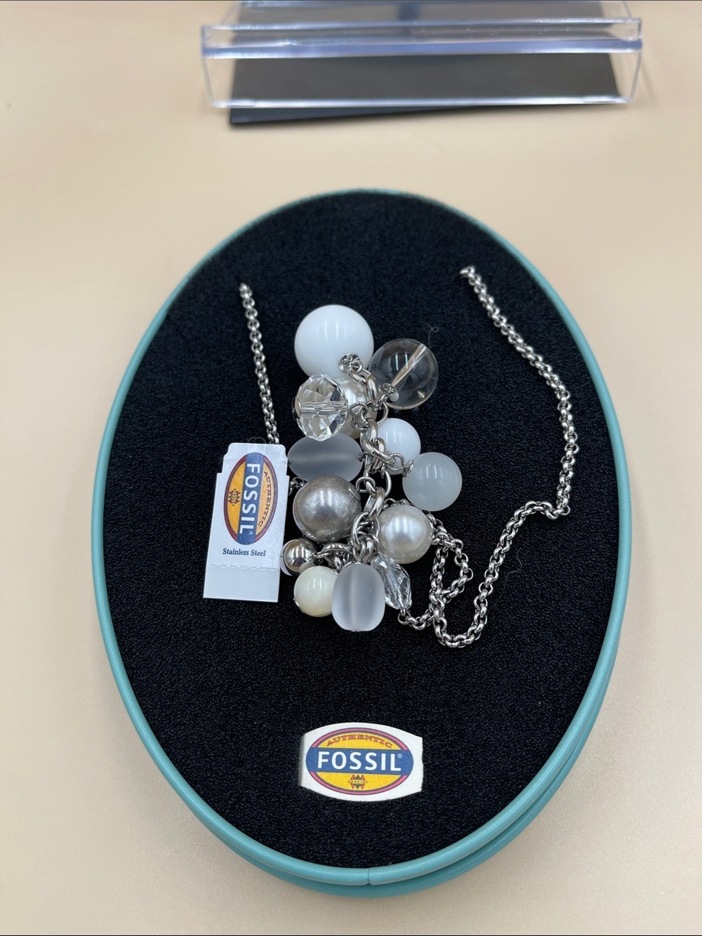 Fossil Silver Necklace with White and Clear Beads New in Box and Container